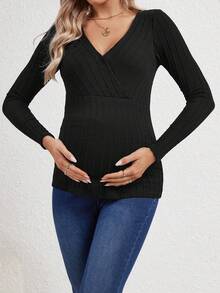 孕婦交疊領羅紋針織T恤 - 黑色 - 查看 5