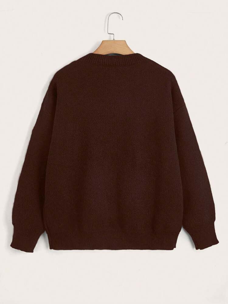 Plus Letter Pattern Drop Shoulder Sweater Knit Pullover Fall Winter Sweater