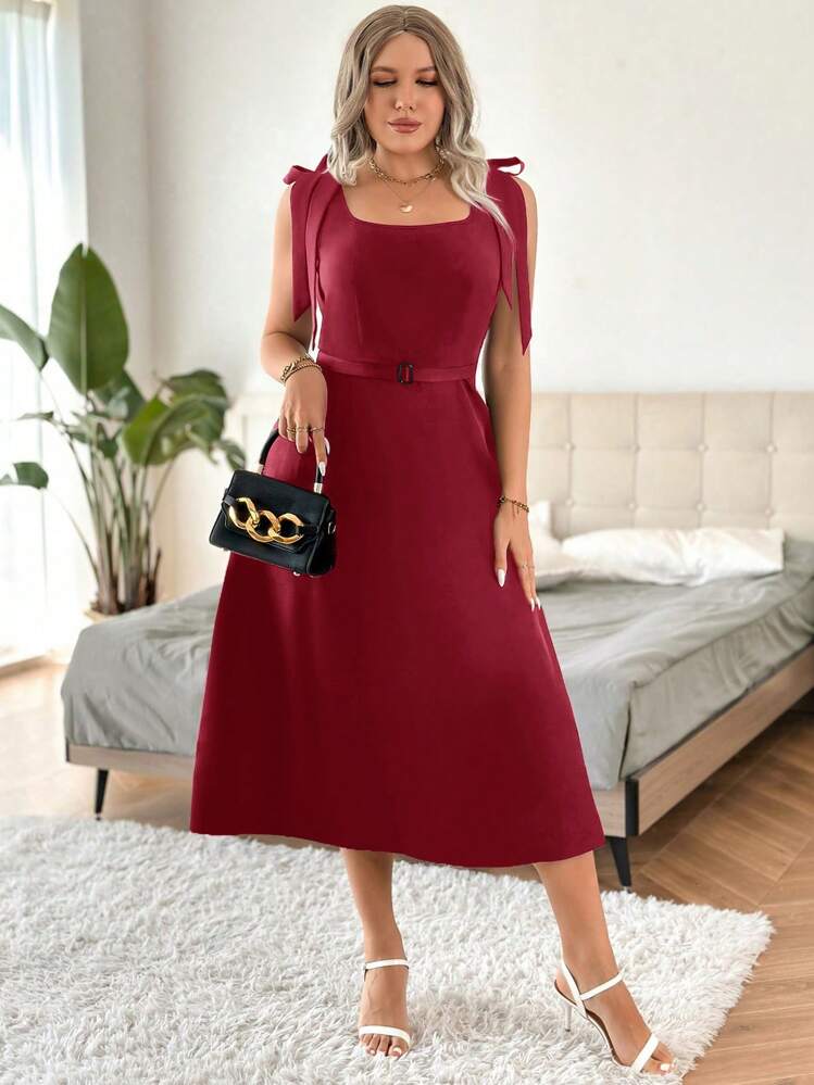 SHEIN Unity Talla grande Vestido línea A unicolor de hombros con lazo con cinturón - Burdeos - Añade 1