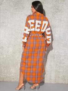 SHEIN SXY Plaid & Letter Graphic Drop Shoulder Belted Coat - Orange - View 1