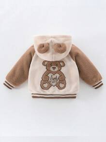 SHEIN 女小童小熊刺繡3D耳朵設計插肩袖連帽搖粒絨夾克 - 咖啡棕 - 查看 2