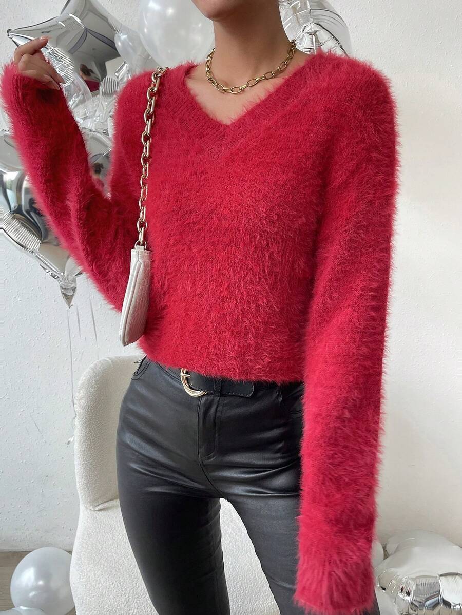 Chiquease V Neck Fluffy Knit Drop Shoulder Sweater - Red - View 1