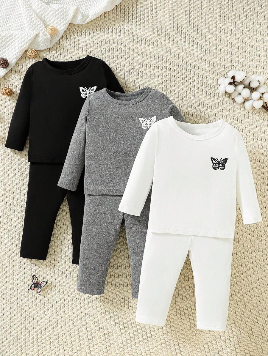 SHEIN 女嬰3入組蝴蝶圖案T恤&3入組長褲 - 彩色 - 查看 1