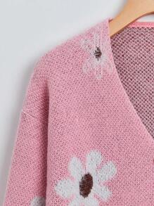 SHEIN Tween Girl Floral Pattern Drop Shoulder Cardigan - Pink - View 4