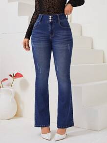 SHEIN Privé Cao eo Mèo cào Quần ống loe - Rửa tối - Xem 4