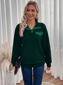 SHEIN LUNE Nút Nửa Chi tiết về Flap Thả vai Áo nỉ - Màu xanh lá cây đậm - Xem 5