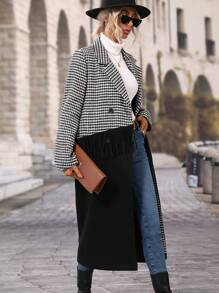 SHEIN Clasi Contrast Houndstooth Print Fringe Trim Double Breasted Overcoat