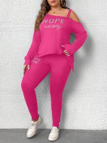 SHEIN LUNE Hơn Mẫu chữ Cổ không đối xứng Áo thun và Leggings - Màu Hồng Tươi - Xem 1