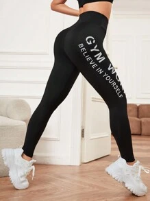 Yoga Trendy Phản chiếu Đồ họa Chữ cái Thắt lưng băng rộng Quần Xà cạp thể thao Xà cạp tập luyện - màu đen - Xem 2