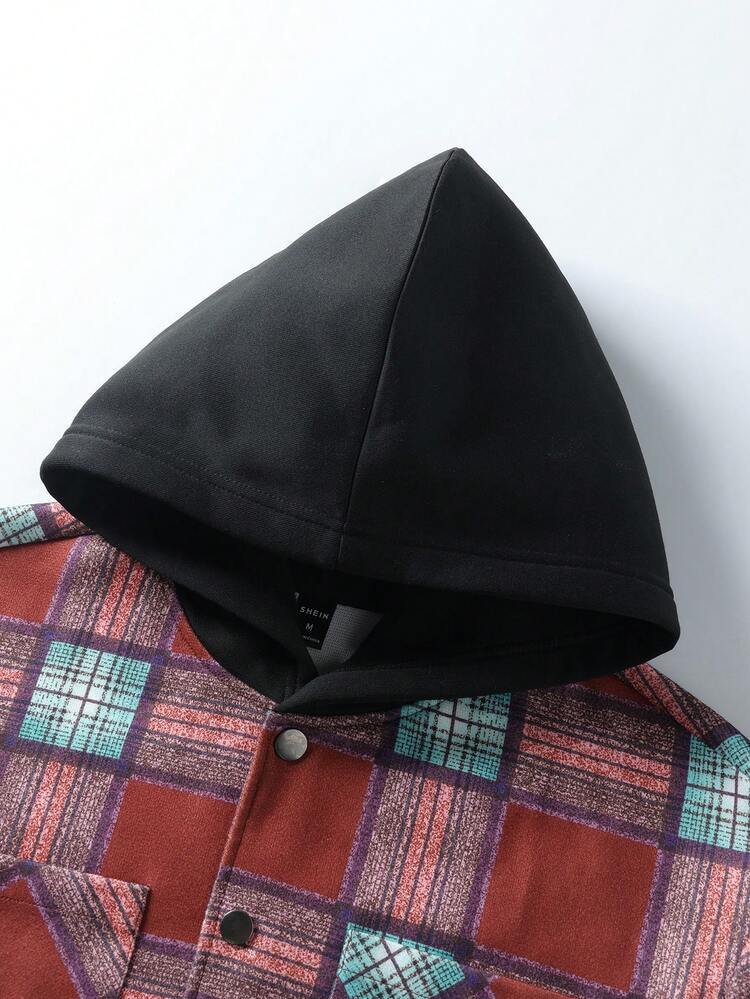 Loose Fit Men's Plaid Print Overcoat With Pocket Patch