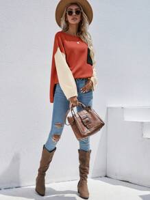 SHEIN LUNE Colorblock Drop Shoulder Knit Pullover Fall Winter Sweater - Red - View 6