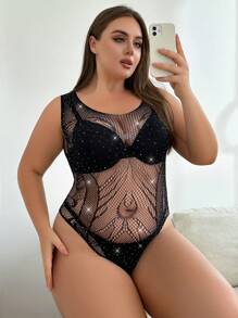 Cộng với bộ đồ lót bằng lưới cá có đính kim cương giả không có lớp lót - màu đen - Xem 1