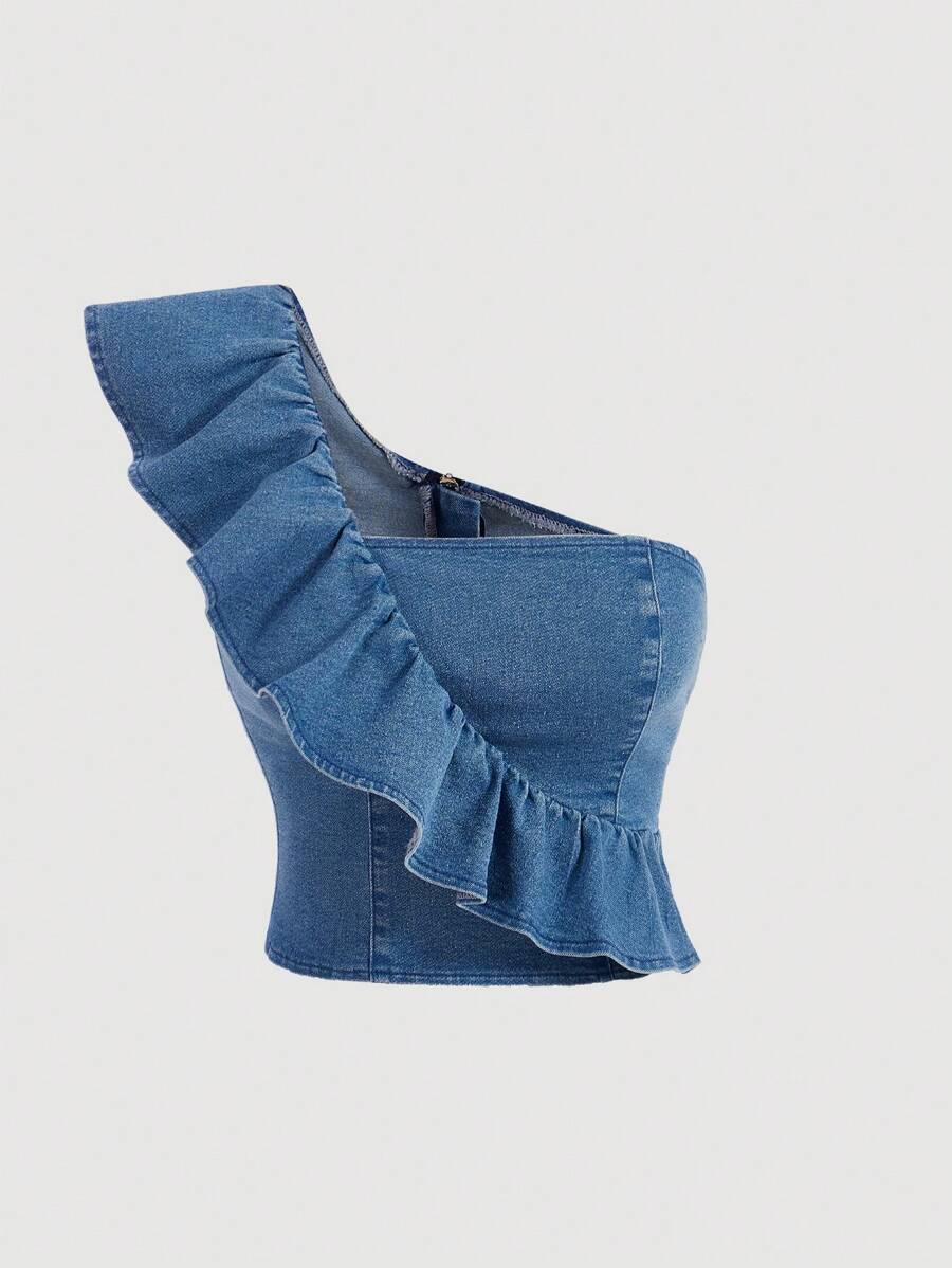 SHEIN MOD Women's Denim One Shoulder Ruffle Edge Top - Light Wash - View 1
