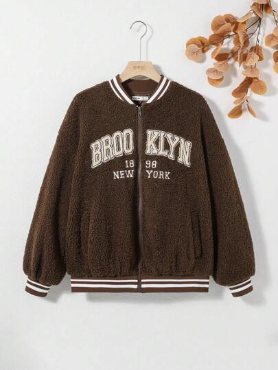 SHEIN 青少年女孩字母貼布刺繡設計搖粒絨夾克帶口袋