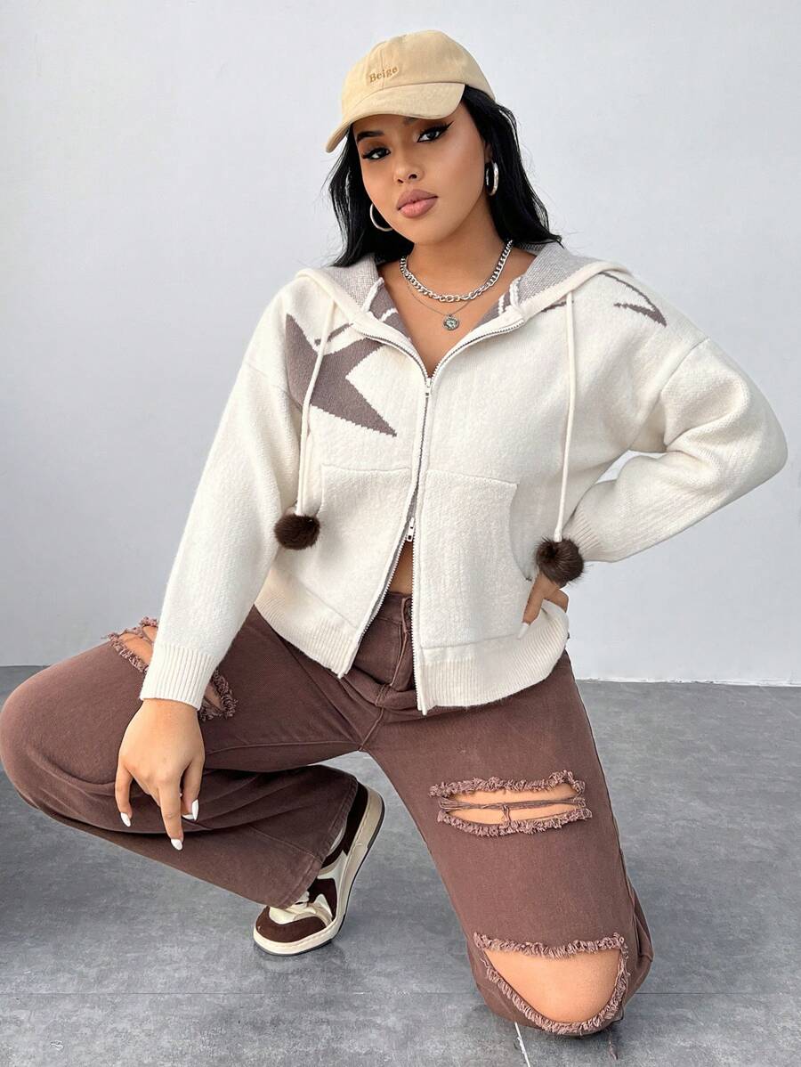 SHEIN EZwear Hơn Hình sao Thả vai Chi tiết Pompom Dây rút áo có mũ Áo len Mở - Màu be - Xem 1