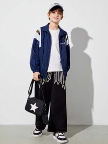 SHEIN 男孩寬鬆泡沫字母印花運動褲 - 黑色 - 查看 3