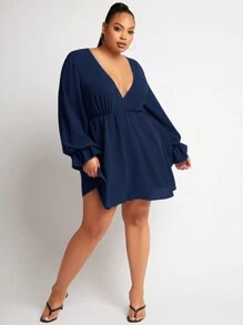 SHEIN SXY Hơn Cổ Lao tay áo lá sen Đầm - Màu xanh hải quân - Xem 6