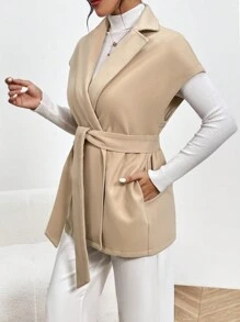 SHEIN Privé Cổ áo Thắt lưng Áo khoác vest - Màu Khaki - Xem 3