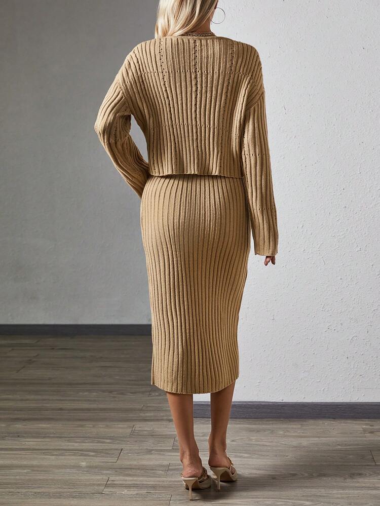 Drop Shoulder Sweater & Wrap Knit Skirt Fall Cloth For Women