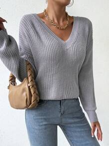 SHEIN Essnce 鏤空交叉圍裹後落肩袖套頭毛衣 - 淺灰色 - 查看 3