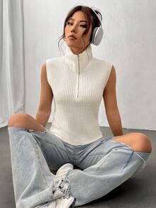 SHEIN Unity Half Zip Ribbed Knit Sweater Vest - White - View 6