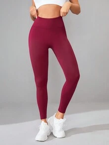 SHEIN Yoga Basic 女式運動打底褲 - 酒紅色 - 查看 4