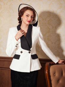 SHEIN DECDS 拼接領前紐扣西裝外套 - 黑色 - 查看 1