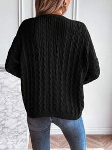 SHEIN LUNE Solid Drop Shoulder Cable Knit Sweater - Black - View 2