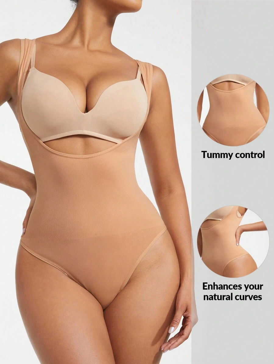 SHAPORA 素色連體緊身衣 - 杏色 - 查看 1