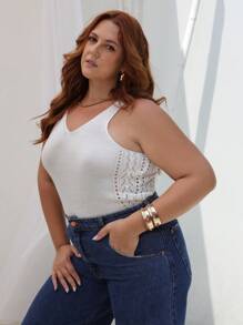 SHEIN Curves Regata Trico Lateral Rendada - White - View 4