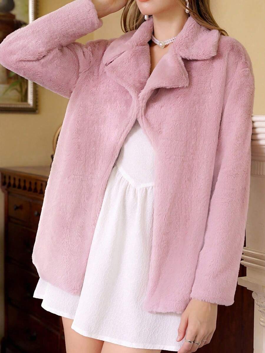 SHEIN Unity Lapel Neck Open Front Fuzzy Coat - Dusty Pink - View 1