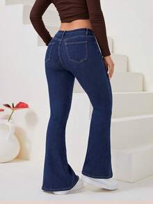 SHEIN Privé 下擺開叉牛仔喇叭褲 - 深色水洗藍 - 查看 2