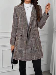 SHEIN Clasi 格紋印花西裝領西裝外套 - 棕色 - 查看 2