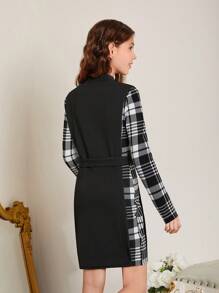 SHEIN Tween Girls' Girls' Plaid Patchwork Belted Dress - Black and White - View 2