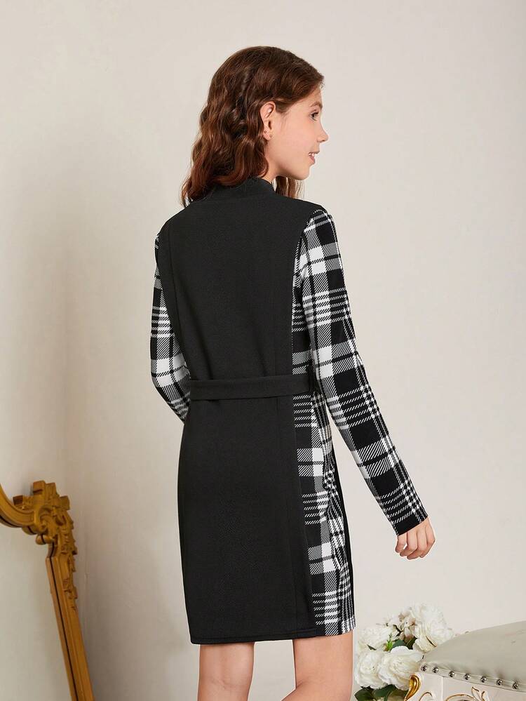 Tween Girls' Girls' Plaid Patchwork Belted Dress