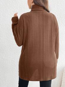 SHEIN LUNE Plus Turtleneck Drop Shoulder Split Hem Tee - Khaki - View 2
