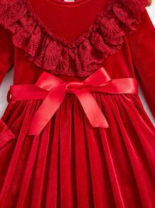 SHEIN Bé gái Dệt kim Màu thuần Lông tơ Ngắn Vòng cổ Rộng Thanh lịch Đầm - Đỏ - Xem 3