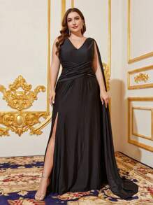 Plus One Shoulder Extra-Long Draped Side Split Thigh Formal Dress - Black - View 5