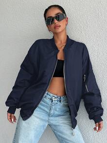 EURMUSE Women'S Solid Color Baseball Collar Drop Shoulder Jacket - Navy Blue - View 3