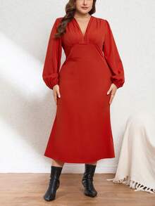 SHEIN Privé Plus Size Solid Color Lantern Sleeve Dress - Burnt Orange - View 4
