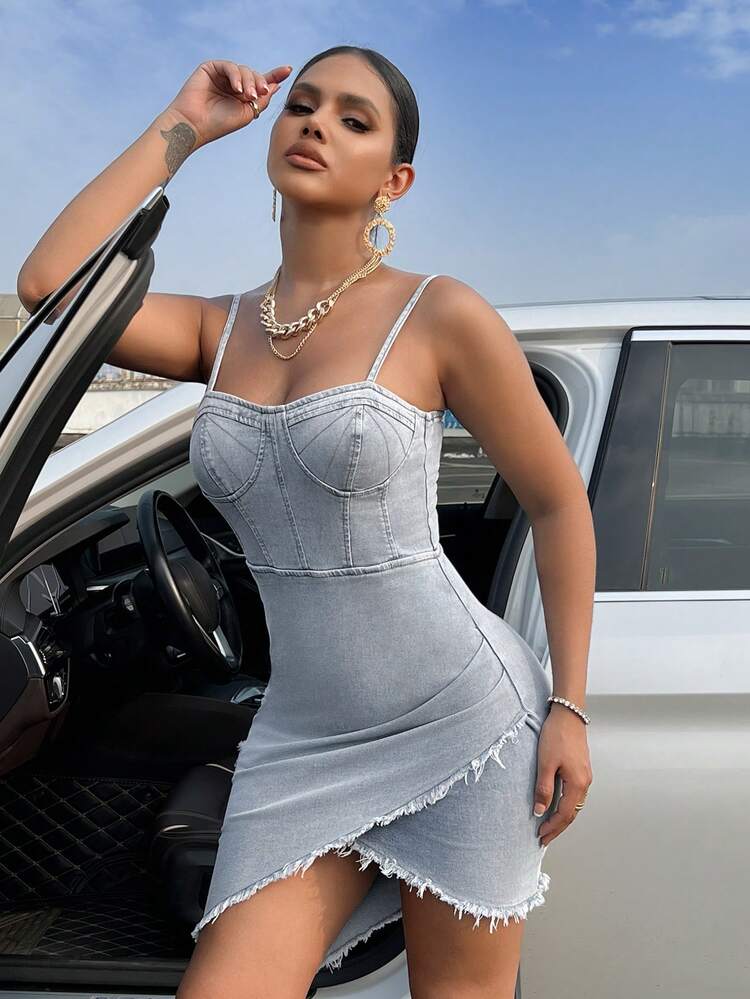 Women'S Fish Bone Pressed Buckle Bodycon Denim Cami Dress