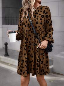 SHEIN LUNE Vestido smock con estampado de leopardo de manga farol bajo con fruncido - Café integral - Ver 1
