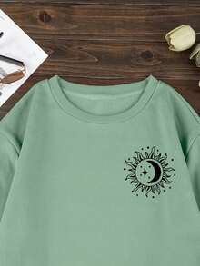 SHEIN Essnce 太阳和月亮印花圆领保暖衬里运动衫 - 薄荷綠 - 查看 5