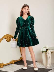 SHEIN Girls' Knitted Silver Starry Print Dress - Green - View 6