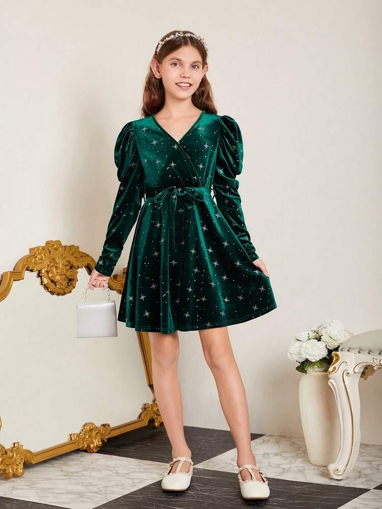 Girls' Knitted Silver Starry Print Dress