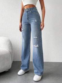 SHEIN Cottnline High Waist Straight-leg Jeans With Ripped Details - Light Wash - View 5