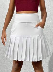 SHEIN 青少年女孩後拉鏈百褶下擺運動裙 - 白色 - 查看 6