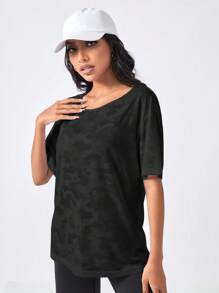 Easithlete Camo Print Cut Out Back Drop Shoulder Sports Tee