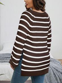 Calvaya Suéter de punto con mangas raglán y estampado de rayas para tallas grandes, para otoño e invierno - Café integral - Ver 2