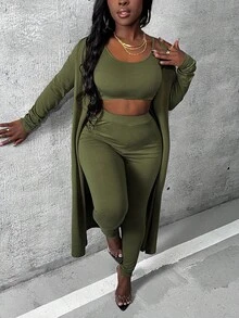 SHEIN Slayr 女士纯色吊带背心、打底裤和外套三件套 - 軍綠色 - 查看 3